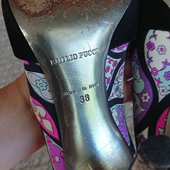 Emilio PUCCI purple floral Suede & silk open toe Stiletto Heels size 37.5 - Picture 12 of 14